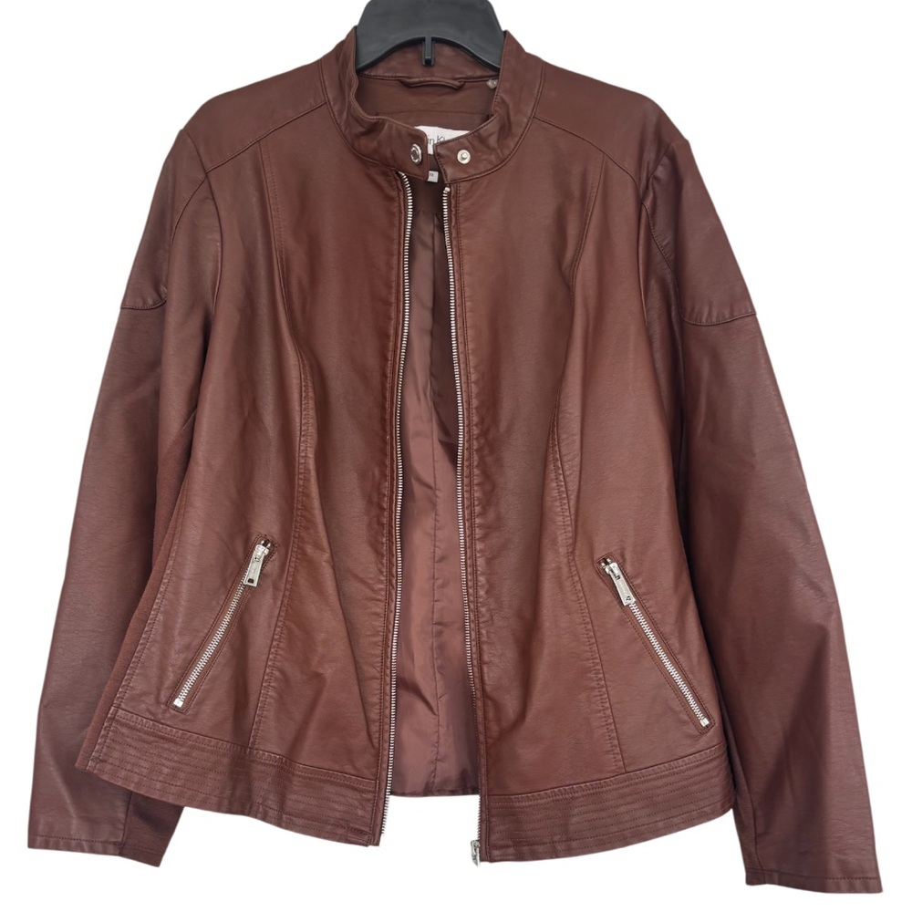 Calvin Klein Brown Leather Jacket Bomber Moto Bikercore Dress Coat Plus Size 1X - Picture 5 of 16